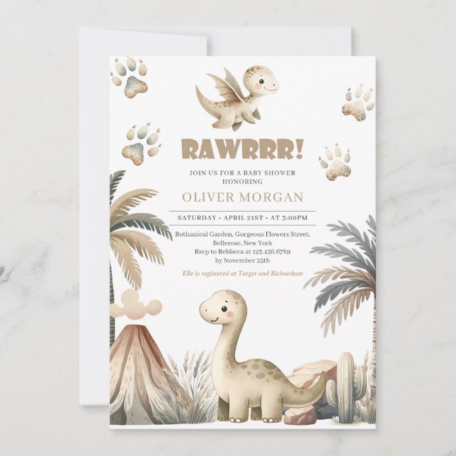 Invitation Genre neutre dinosaure couleur terre ivoire (Devant)