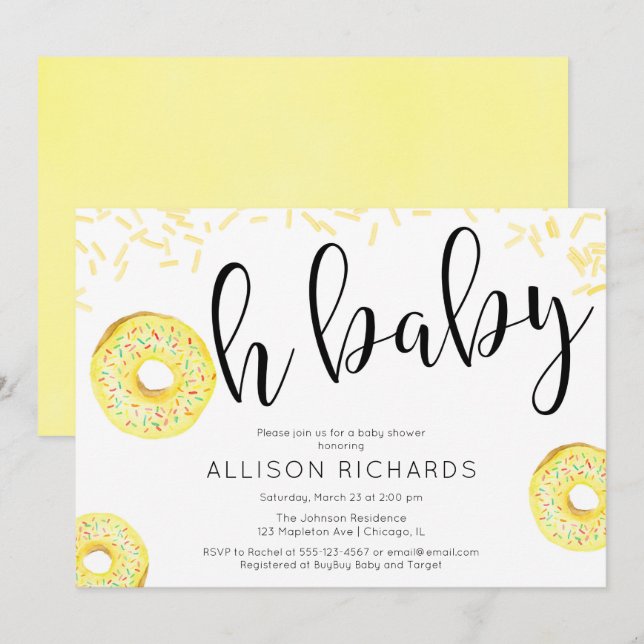 Invitation Genre neutre jaune Oh bébé baby shower Donut (Devant / Derrière)