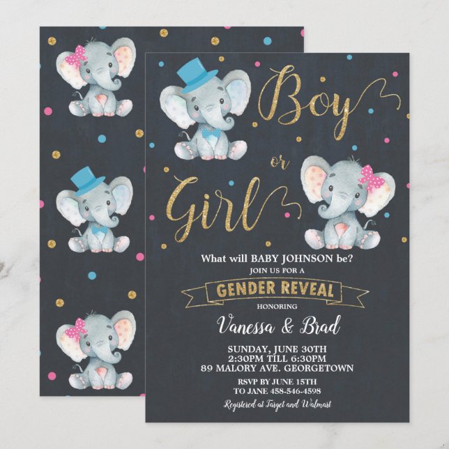 Invitation Genre Reveal Elephant Baby Genre Reveal Party (Devant / Derrière)