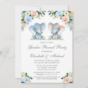 Invitation Genre Révéler Baby Elephants Bleu Rose Floral