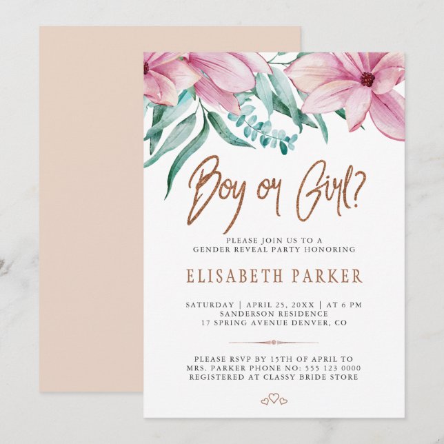 Invitation Genre révéler baby shower fleuri garçon ou fille (Devant / Derrière)