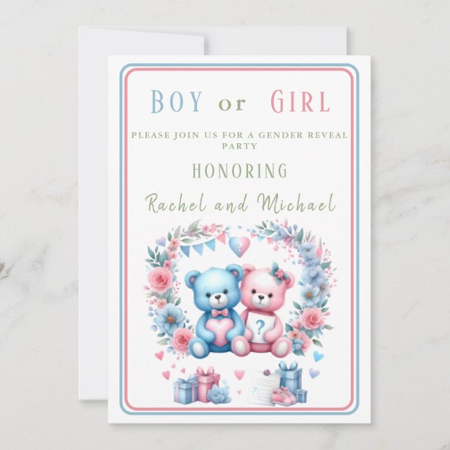Invitation Genre révéler baby shower Teddy Bear bleu rose 3 - (Devant)