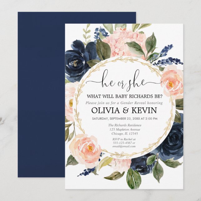 Invitation Genre révéler couleur rose bleu floral aquarelles (Devant / Derrière)