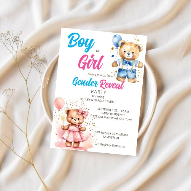 Invitation Genre révéler joli ours en peluche garçon ou fille (Gender reveal template invitation digital download cute teddy bear girl and boy balloons he or she)