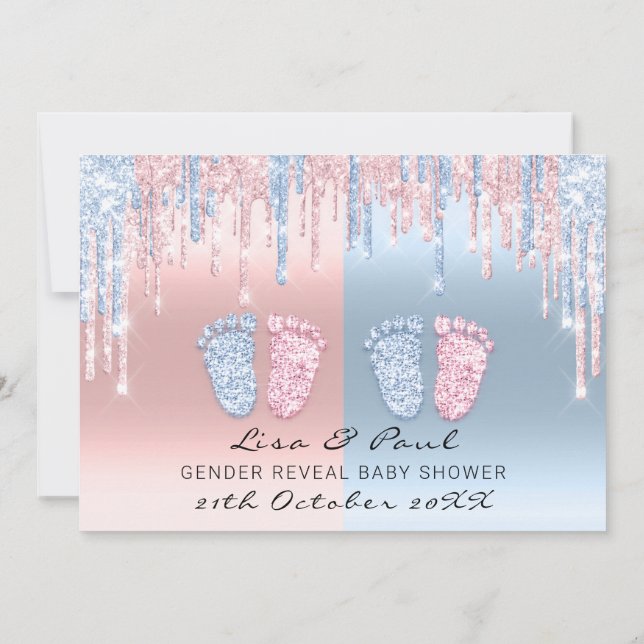 Invitation Genre Révéler Pieds Rose Bleu Bébé Jumeaux Garçon  (Dos)