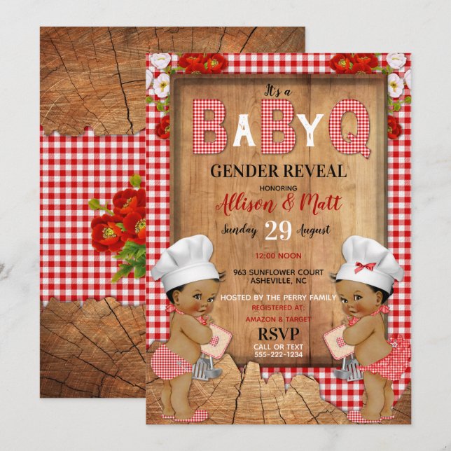Invitation Genre Révéler Rouge En vichy Bois Bébé Q Barbecue (Devant / Derrière)