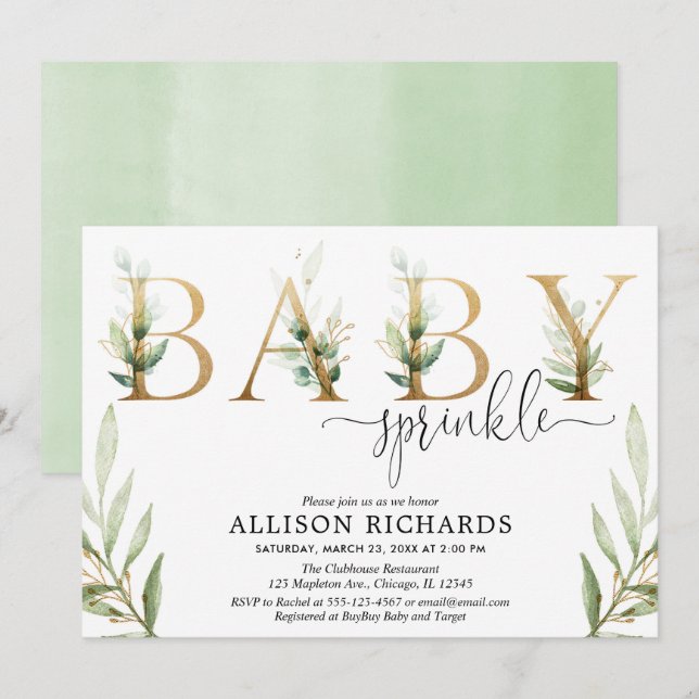 Invitation Genre vert vert vert vert or bébé arroser (Devant / Derrière)