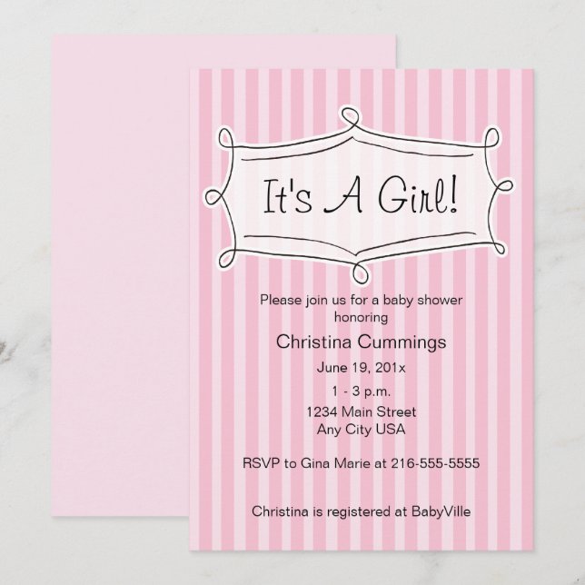 Invitation gentiment rayée de baby shower (rose) (Devant / Derrière)