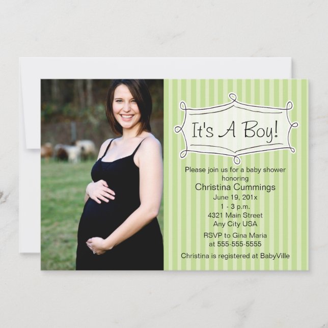 Invitation gentiment rayée de photo de baby shower (Devant)