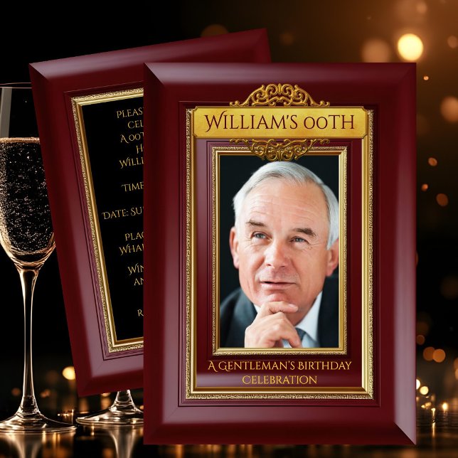 Invitation Gentlemen Elegant Gold Mahogany Photo Birthday (Créateur téléchargé)