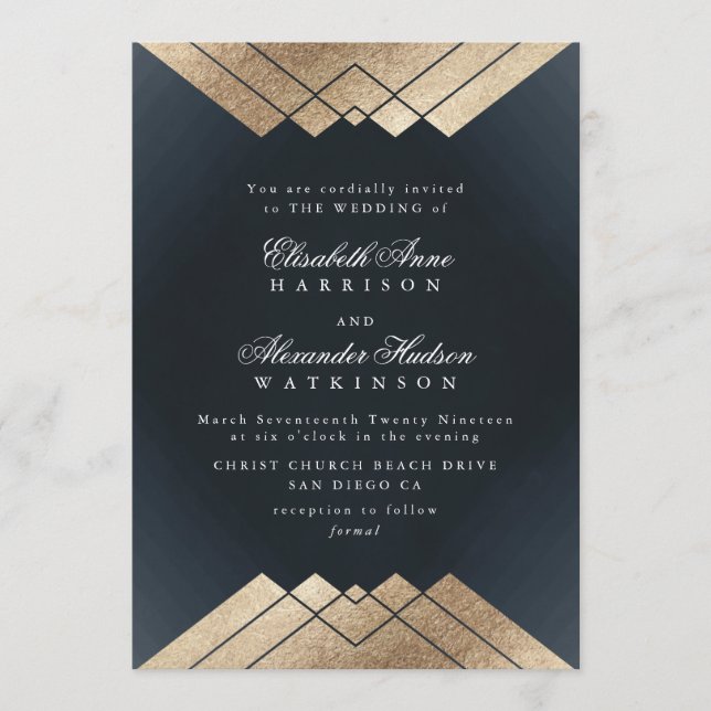 Invitation Geo Dark Navy Gold Gatsby Calligraphy Wedding (Devant)