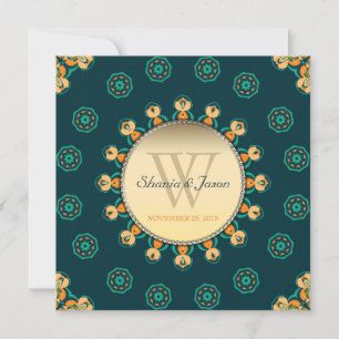 Invitation Geo Gems Circle Monogramme Turquoise Mariage or