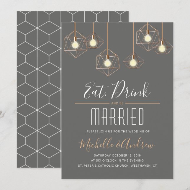 Invitation Geo Lights Manger Boire et être marié Mariage gris (Devant / Derrière)