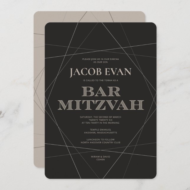 Invitation Geo Modern Silver Bar Mitzvah (Devant / Derrière)