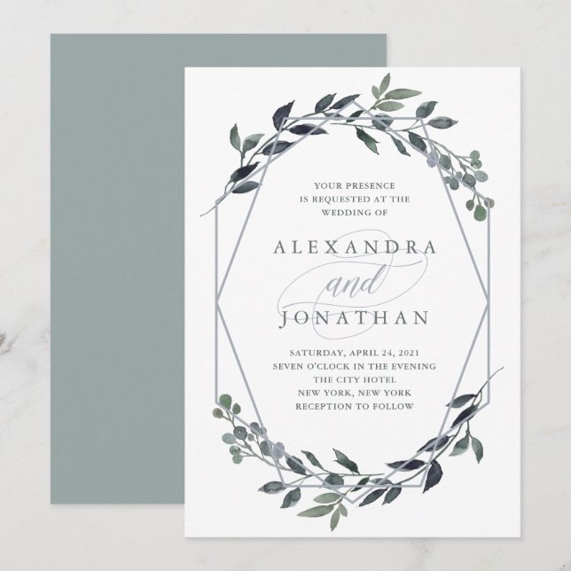 Invitation Geo vert | Mariage argenté (Devant / Derrière)
