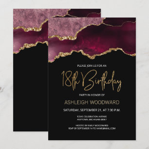 Invitation Géode Agate Bourgogne Gold 18e fête d'anniversaire