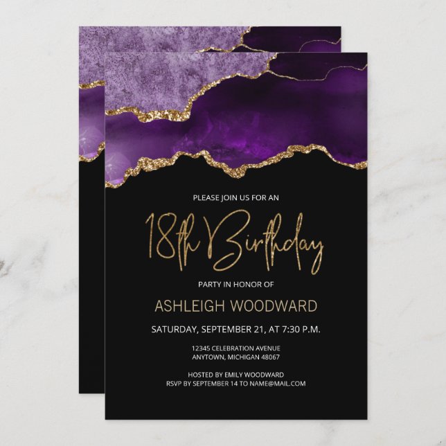 Invitation Géode Agate Purple Gold 18e fête d'anniversaire (Devant / Derrière)