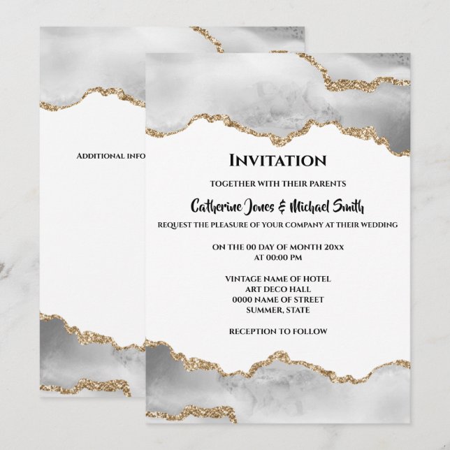 Invitation Géode aquarelle faux or blanc agate élégant (Devant / Derrière)