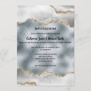 Invitation Géode aquarelle or argent blanc agate chic
