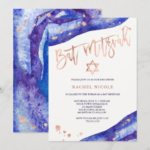 Invitation Géode Bleu et Faux Rose Gold Look Bat mitzvah