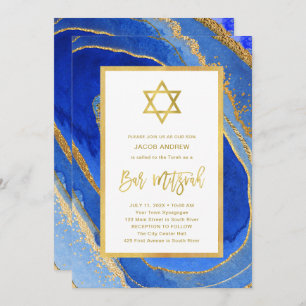 Invitation Géode bleu et or Étoile de David Bar Mitzvah