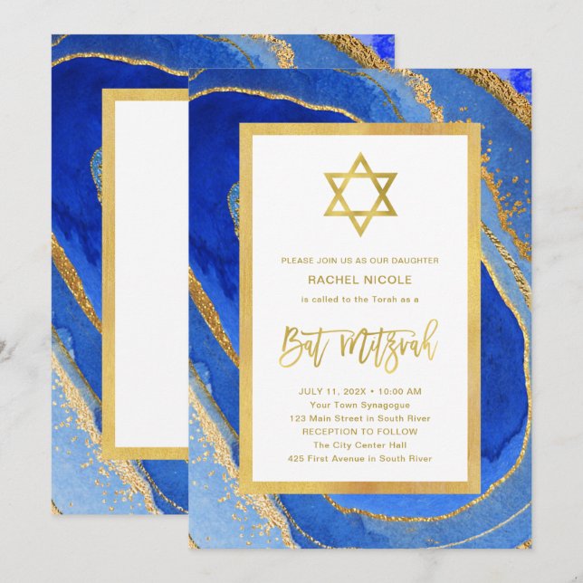 Invitation Géode bleu et or | Étoile de David Bat mitzvah (Devant / Derrière)