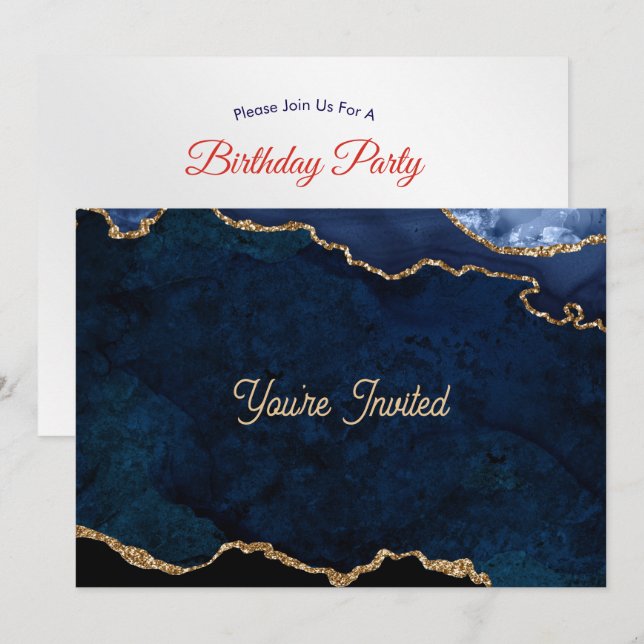 Invitation Geode Blue Gilded Birthday (Devant / Derrière)