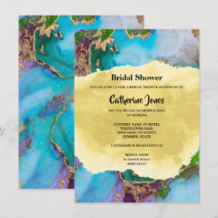 Invitation Géode couleurs paon abstraites aquarelle agate