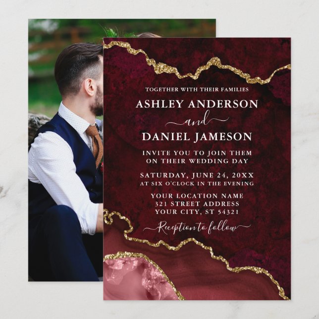 Invitation Géode d'âge du marbre de Bourgogne Mariage photo (Devant / Derrière)
