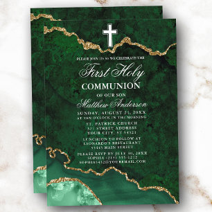 Invitation Géode d'âge en marbre vert d'or Première communion
