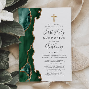 Invitation Géode d'âge Or vert Première communion sainte