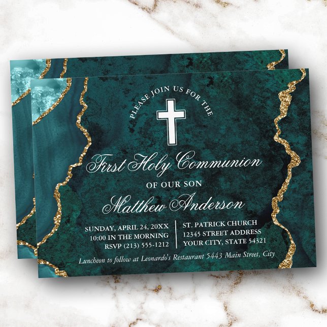 Invitation Géode de marbre doré turquoise Première communion (Customize to change text size, text style or to add more text to back of card.)