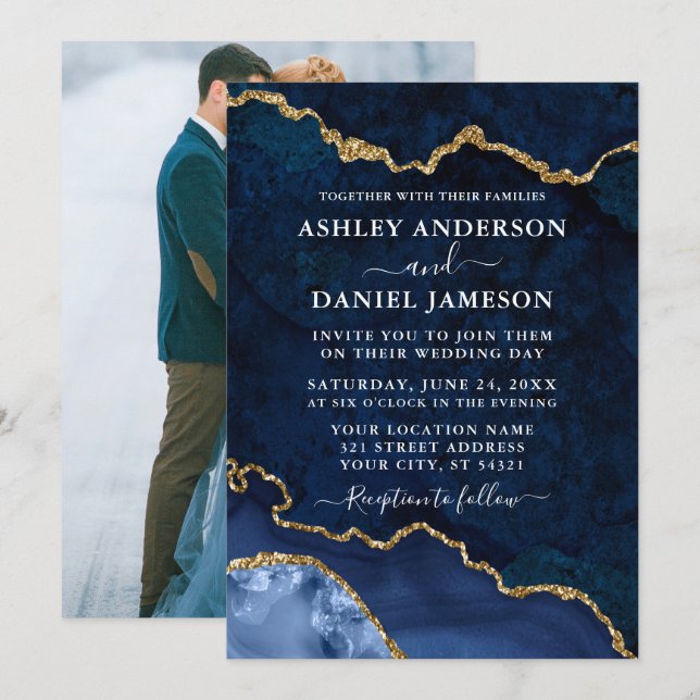 Invitation Géode photo Mariage photo en marbre bleu or (Devant / Derrière)