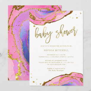 Invitation Géode rose et bleu avec or  Baby shower