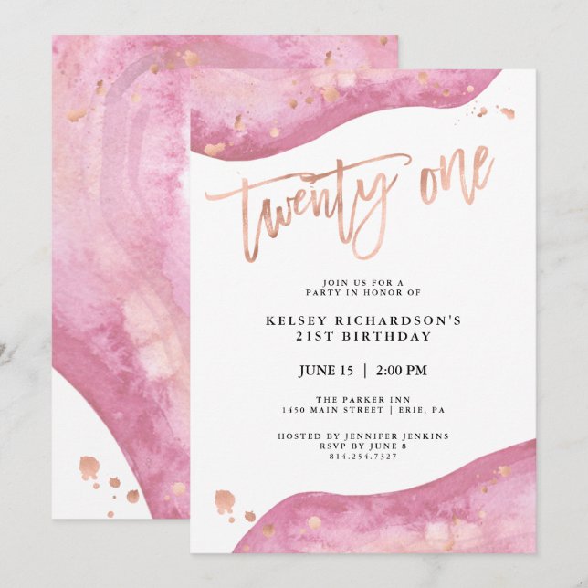 Invitation Géode rose et Faux Rose Gold Look | Anniversaire 2 (Devant / Derrière)