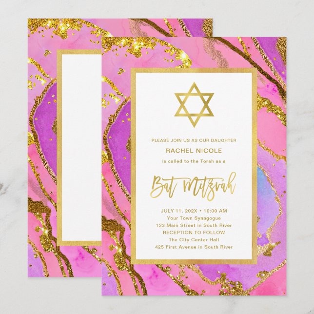 Invitation Géode rose et or | Étoile de David Bat mitzvah (Devant / Derrière)