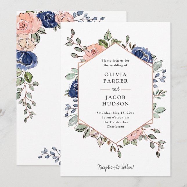 Invitation Géométrie florale de la marine | Mariage (Devant / Derrière)