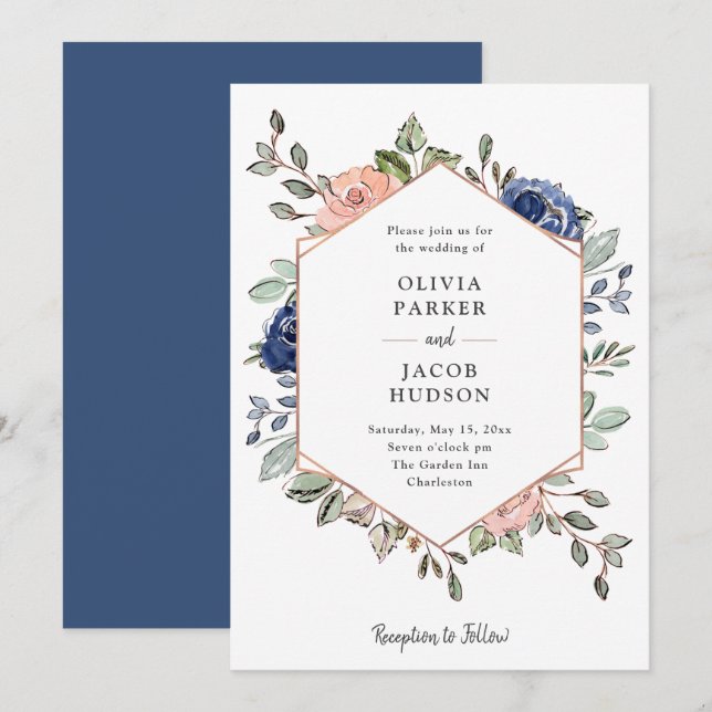 Invitation Géométrie florale de la marine | Mariage (Devant / Derrière)