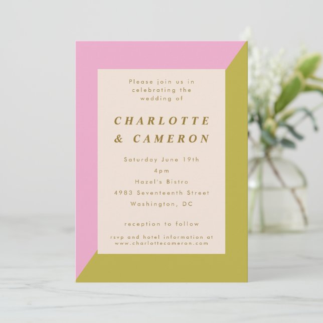 Invitation Géométrie moderne rose vert tout en un Mariage (Debout devant)