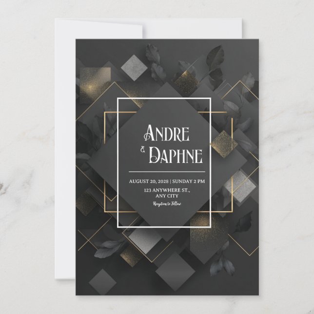 Invitation Géométrie Noire moderne avec Mariage d'accents Or (Devant)
