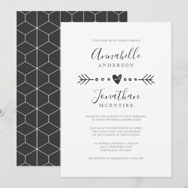 Invitation Géométrie simple Coeur et Flèche Mariage gris fonc (Devant / Derrière)