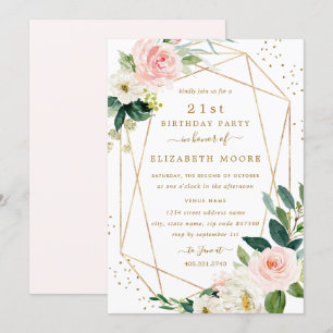 Invitation Géométrique Blush Gold Floral 21e anniv