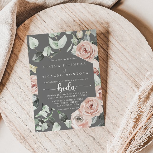 Invitation Géométrique Classic Rose Rose Floral Grey Boda (Créateur téléchargé)