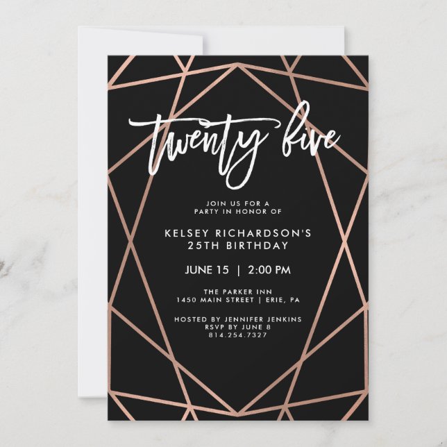 Invitation Géométrique de l'or Rose Faux| fête du 25e anniver (Devant)