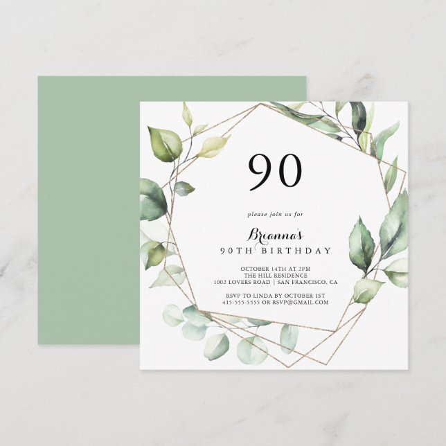 Invitation Géométrique Elegant Gold Green 90e fête d'annivers (Devant / Derrière)