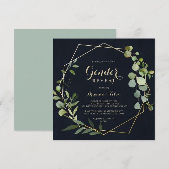 Invitation Géométrique Gold Blue Green Genre Revela Party (Devant / Derrière)