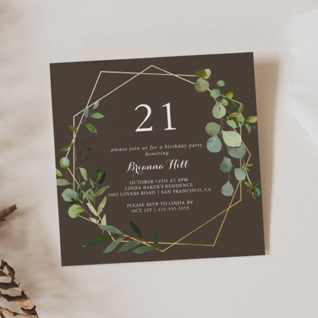 Invitation Géométrique Gold Brown Vert 21e fête d'anniversair (Créateur téléchargé)