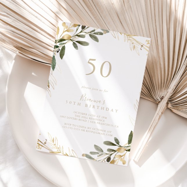 Invitation Géométrique Gold Greenery Automne 50e fête d'anniv (Créateur téléchargé)