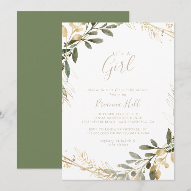 Invitation Géométrique Gold Greenery C'est un Baby shower fém (Devant / Derrière)