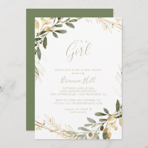 Invitation Géométrique Gold Greenery C'est un Baby shower fém